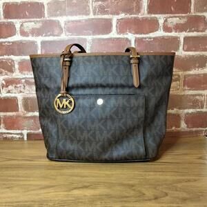 Michael Kors Jet Set Tote Medium Logo Pocket Bag Brown Purse